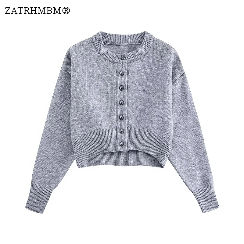 

ZATRHMBM Women 2024 Spring New Fashion Single-Breasted Knitted Sweater Vintage Long Sleeves Cropped Female Pullover Chic Top