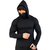 Men Fitness Gym Shirts Compression Sport t Shirt Hooded Running t-Shirts With Mask Long Sleeve Bodybuilding Tops Man Sportswear 1