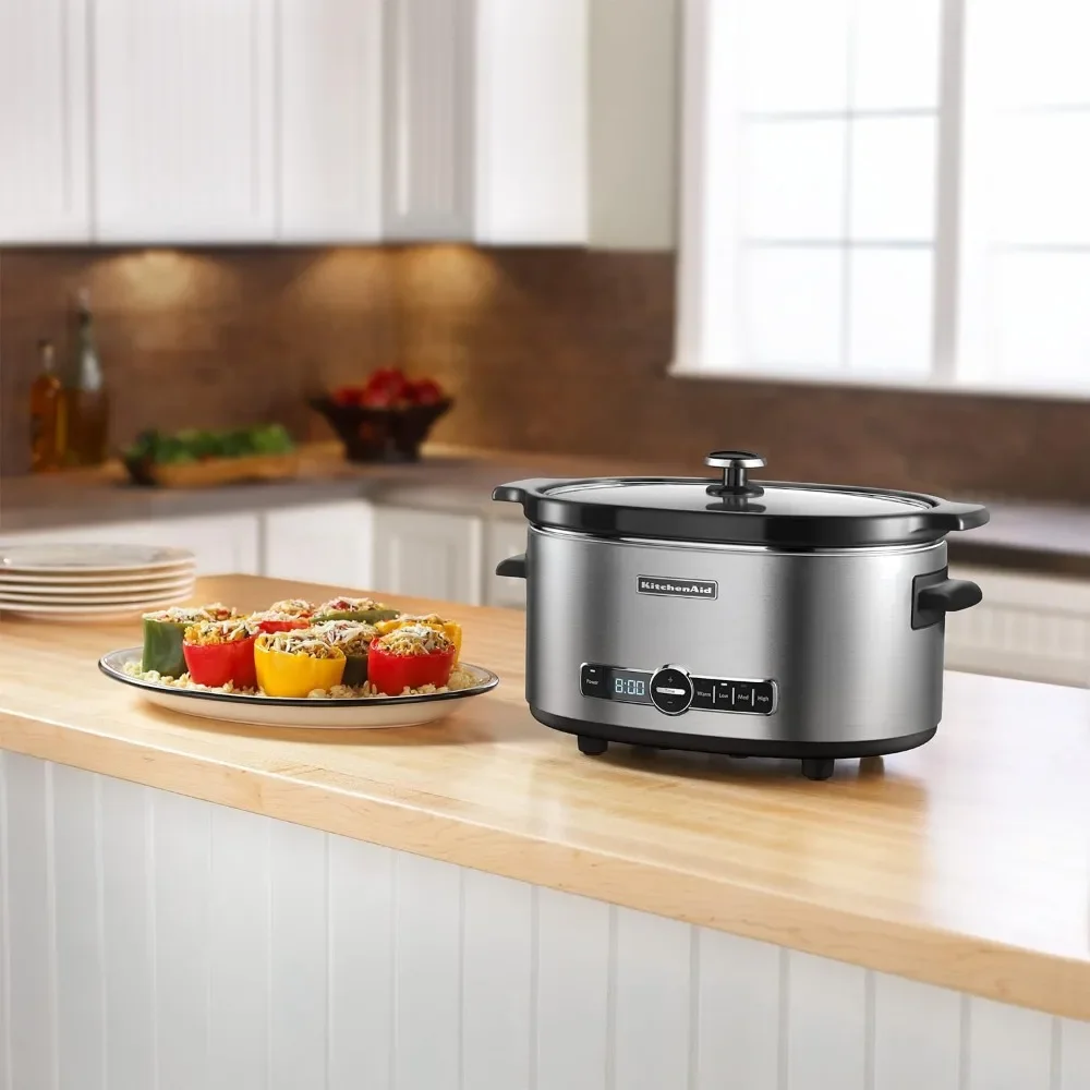 6-Qt. Slow Cooker With Standard Lid-Stainless Steel Multicooker Stew Pot Rice Cooking Appliances Kitchen Home