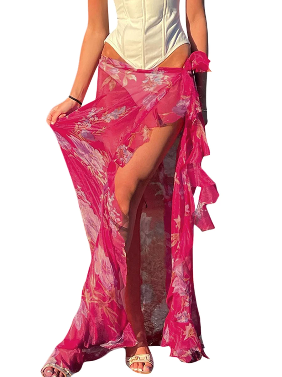

Women s Ruffle Trim Midi Skirts Low Waist Mesh Asymmetrical Hem Swing Ruffle Long Skirts Mesh Floral Beach Cover Up