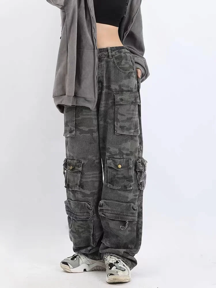 

Женский камуфляжный комбинезон в стиле ретро, Свободный Повседневный комбинезон с широкими штанинами в американском стиле, уличная одежда в стиле хип-хоп, 2023