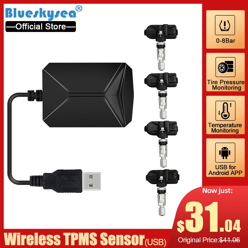 

Система контроля давления в шинах TPMS с USB, прибор для контроля давления в шинах на Android, беспроводная передача, 4 внутренних элемента, для большинства транспортных средств TPMS