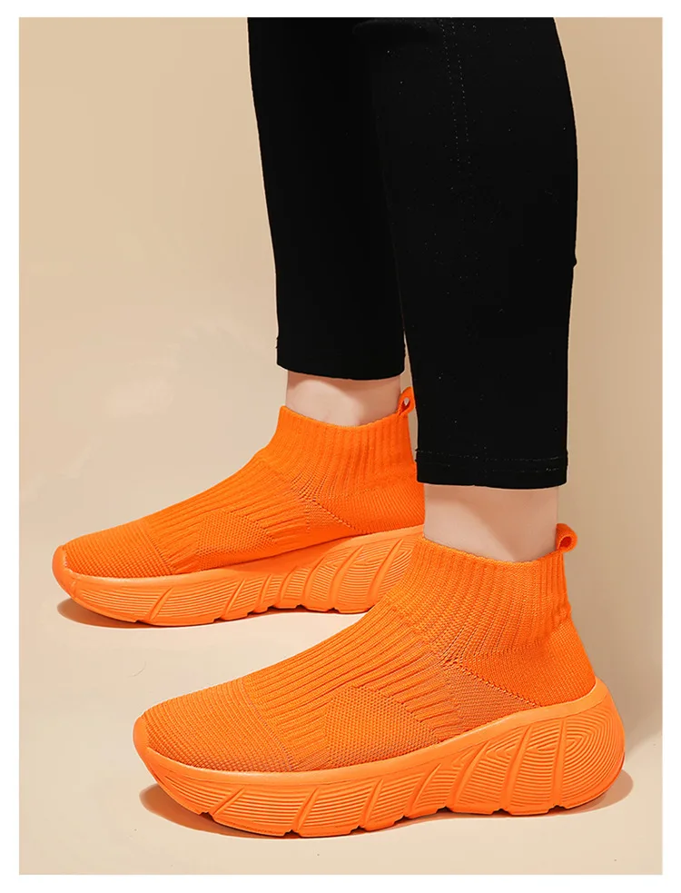 Fashion Orange Women's sports shoes High Top Breathable Knit Men's Running Shoes Platform Sock Shoes For Men Zapatillas De Mujer