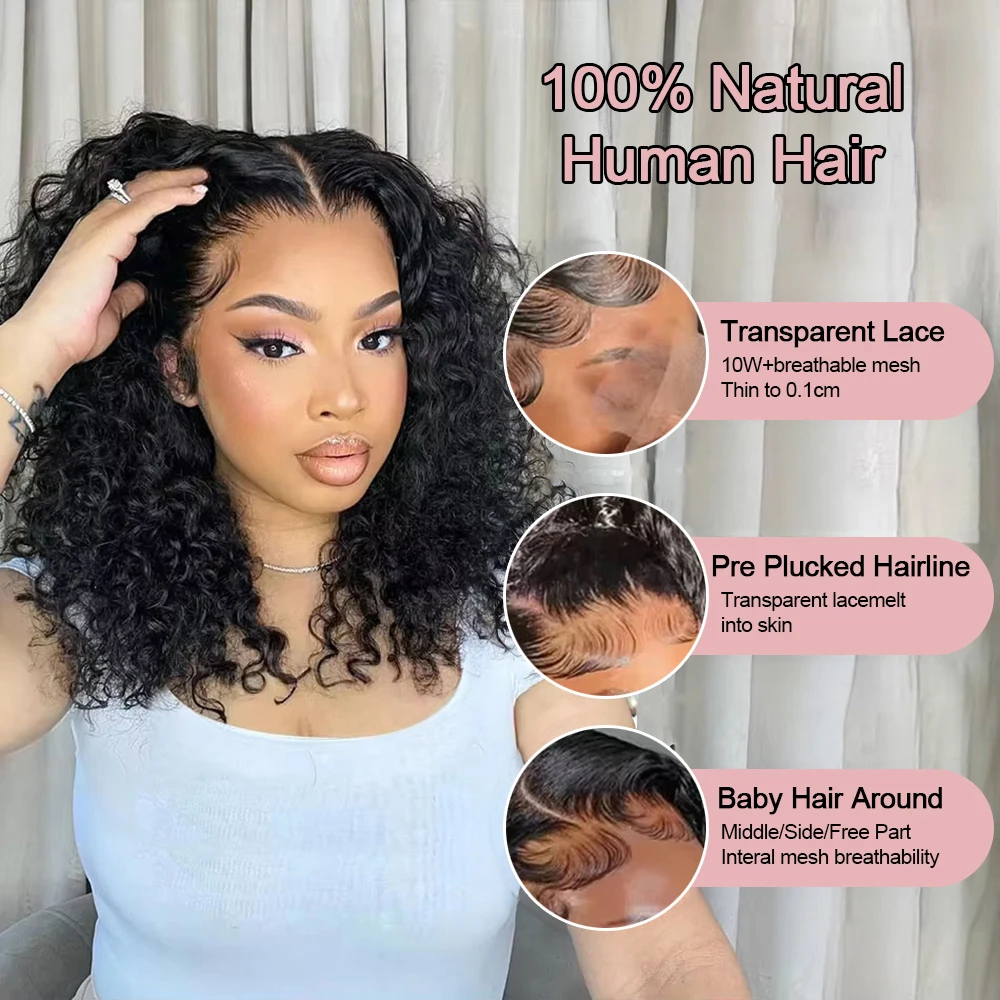 Glueless Deep Wave Short Bob Curly Human Hair Wig Brazilian 13x4 13x6 HD Lace Front Wig Wear and Go Pre Plucked For Black Women 3