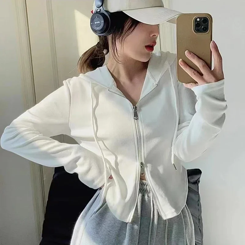DAYIFUN Women Solid Hooded Coats Spring Autumn New Fashion Zipper Long Sleeve Cardigans Tops Lady Commute Slim Short Jackets