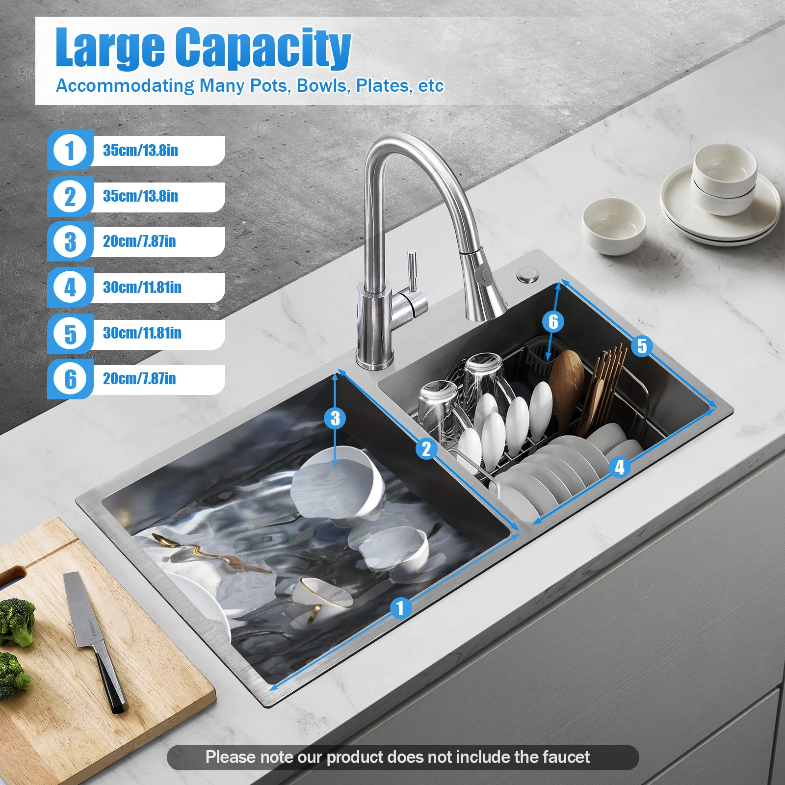 Stainless Steel Kitchen Sink Above Counter Under Mounter Single Bowel Wash Basin With Gourmet Faucet Drain Accessories
