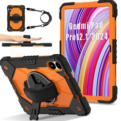 3-Layer Shockproof Hybrid Case with Shoulder Strap and Rotating Protector Cover for Mi POCO Pad 12.1 (Black-orange)
