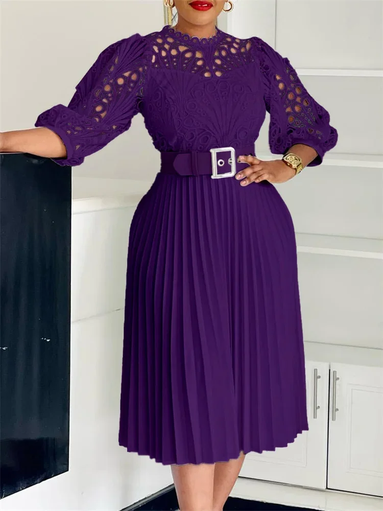 Wmstar Women Dress 2024 New Elegant Temperament Solid Color Lace Hook Flower Hollow Pleated Dresses Wholesale Dropshipping