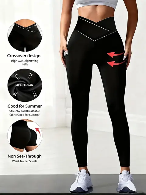 Solid Color Front Cross Waist Sports Pants Elastic Breathable Yoga Pants Suitable For Gym Exercise And Daily Wear Plus Size Pant