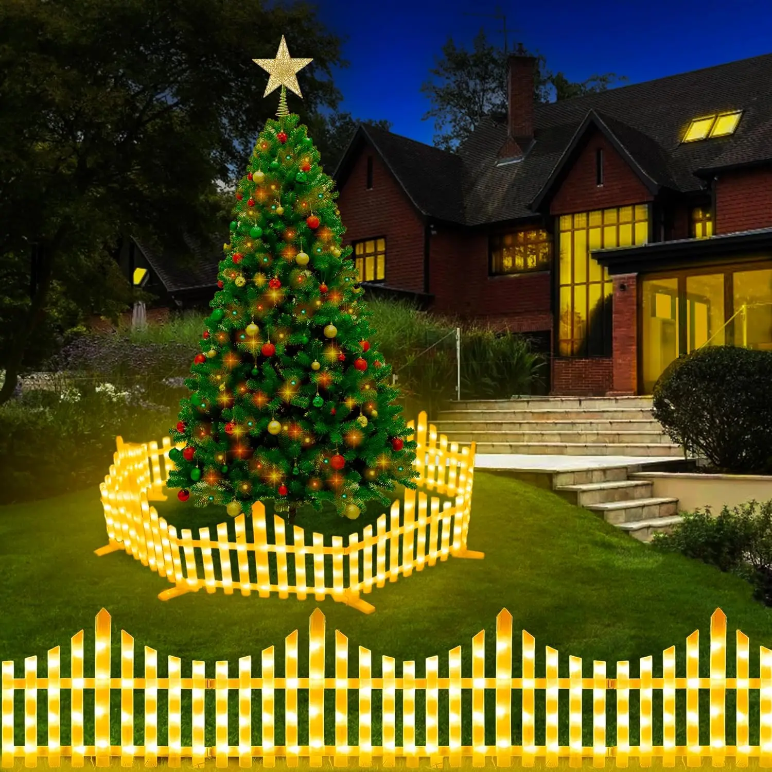 

8 Pack Outdoor Garden Glowing Fence Lights Christmas Tree Fence Light Plug in Lighted White Picket Fence Border Lamps