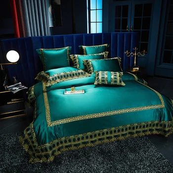 Luxurious Green Embroidery Design Egyptian Cotton Silk Bedding Set Duvet Cover Bed Linen Fitted Sheet Pillowcases Home Textile