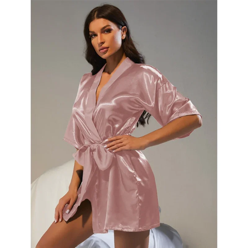 

Sexy Ice Silk Pajamas Women's Dressing Gown Half Sleeve Bathrobe Female Loose Robes V-Neck Women's Nightwear with Sashes 2023