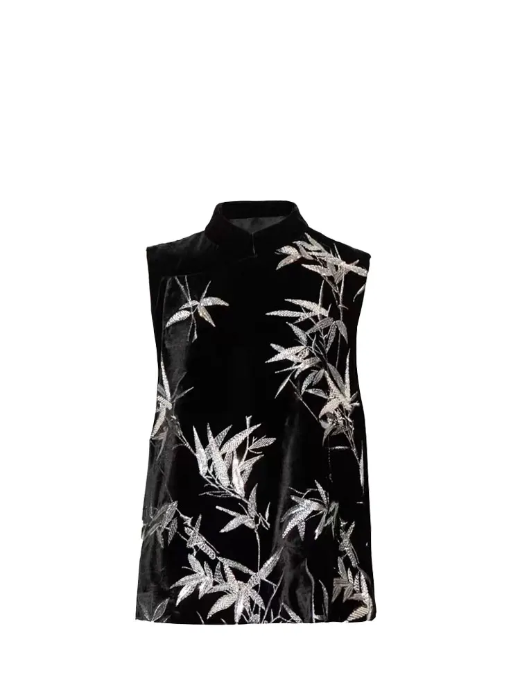 

Black sequins heavy industry bamboo leaves vest new Chinese style old money style women's wear high-quality oil painting style