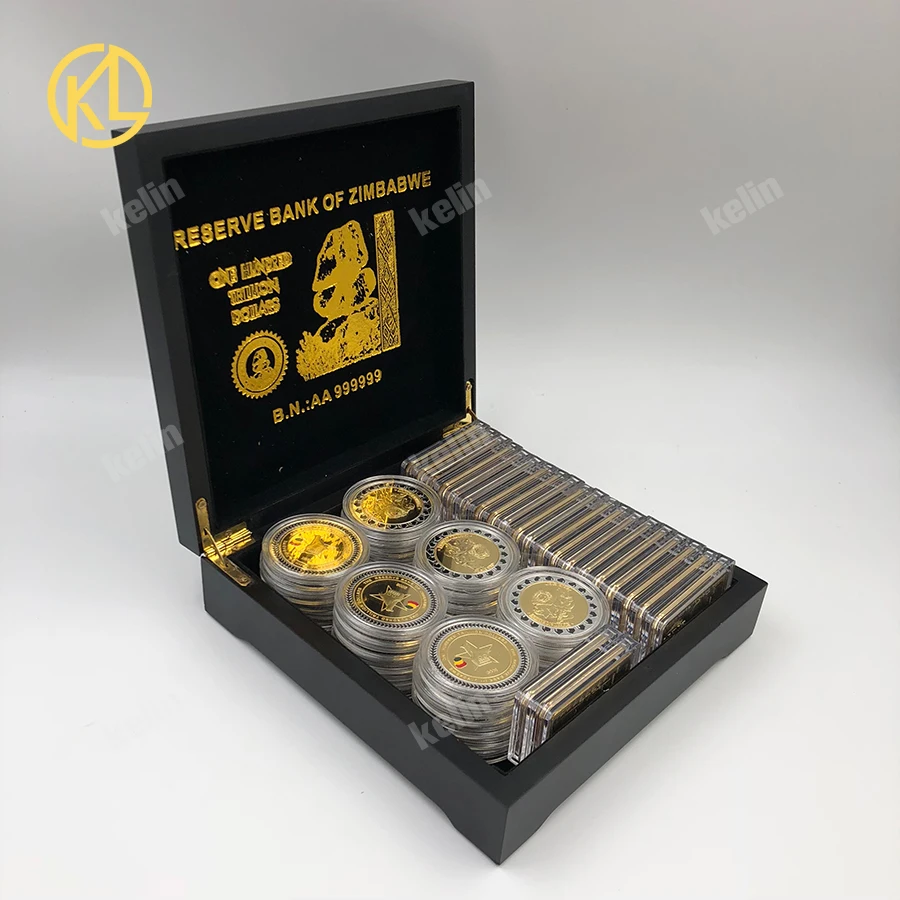 

Mixed 30pcs Gold Plated Zimbabwe One Hundred Trillion Dollars Buffalo Bullion Coins with 22pcs Zimbabwe Gold Bars Gift Box set