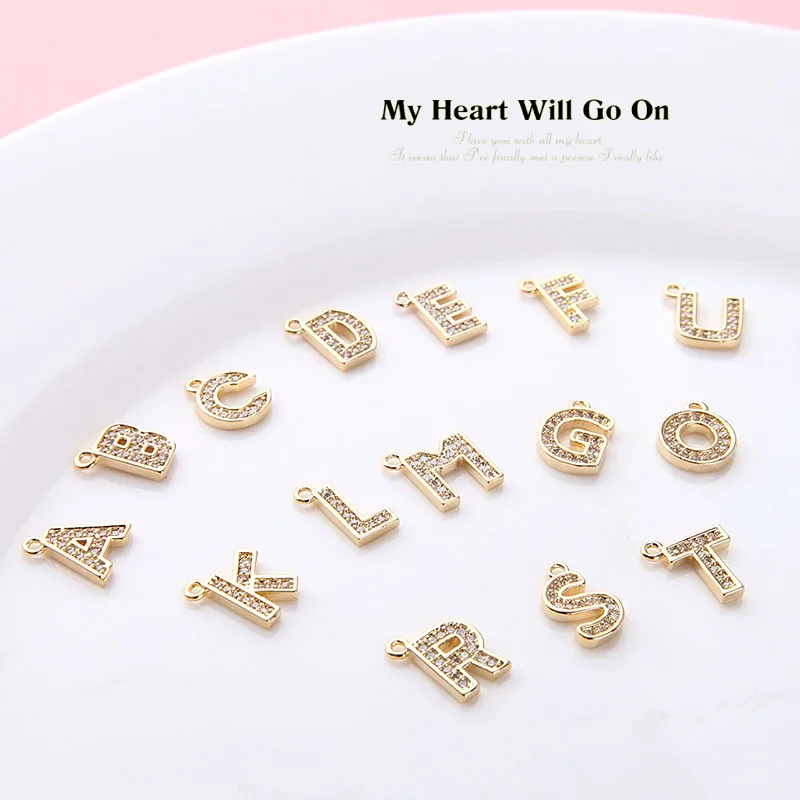 1pcs Copper-plated Gold Color Micro-set Zircon English Letter Pendant Homemade Diy Handmade Jewelry Earrings Necklace Charms