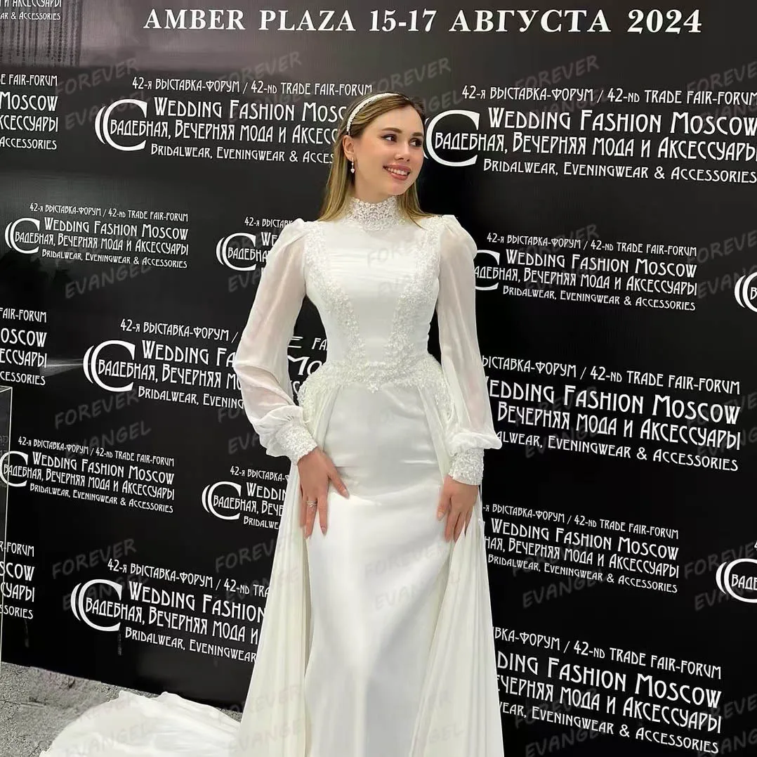 Simple Mermaid Wedding Dresses Woman's Formal Long Sleeve High Neck Appliques Bride Gowns Elegant Vestidos De Novia Customized 2