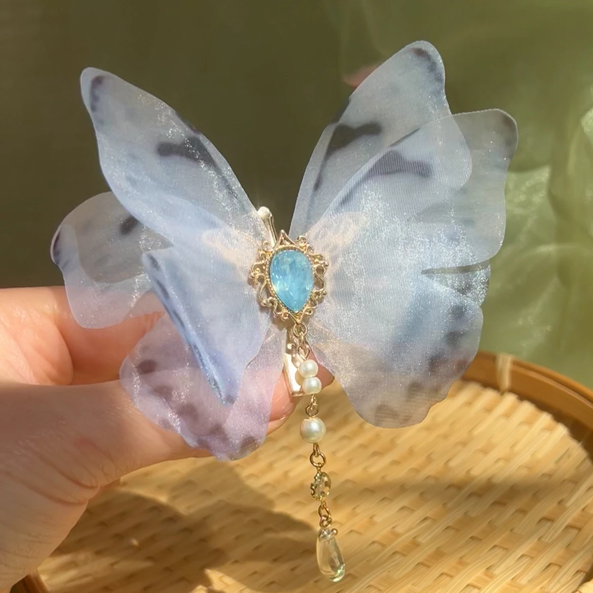 Antique Artificial Silk Butterfly Barrettes Headdress for Han Chinese Clothing Side Clip Hot Printed Pattern Hair Accessories