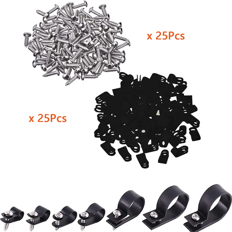 25X ID 5/6.3/8/9.4/12/19/28mm Black Nylon R Shape Cable Clamp Clip with 25 Screws Wire Electrical Hose Loop Fixer Holder cable clip cable clamp