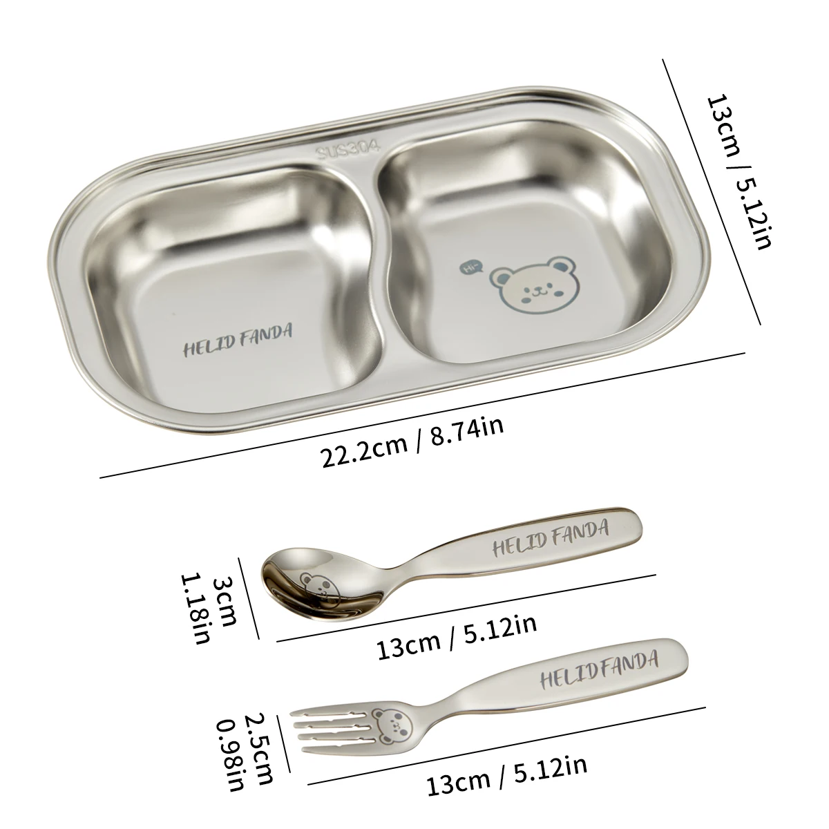 WORTHBUY 2 Compartments Kid Dining Plate 304 Stainless Steel Divided Dinner Plate Kitchen Cute Pattern Child Salad Dinner Tray