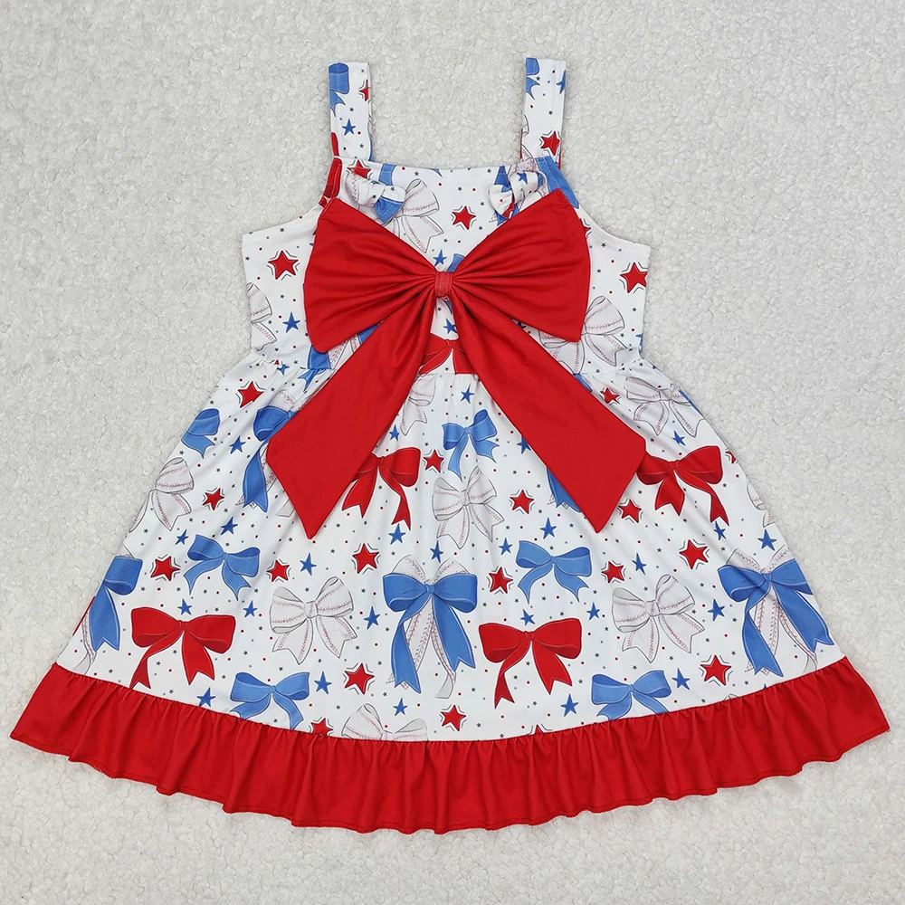 Hot Sale Baby Girls Dress Blue Bows Flag Knee Length Dresses July 4th Boutique Toddler Girls Dress Summer Kids Clothing