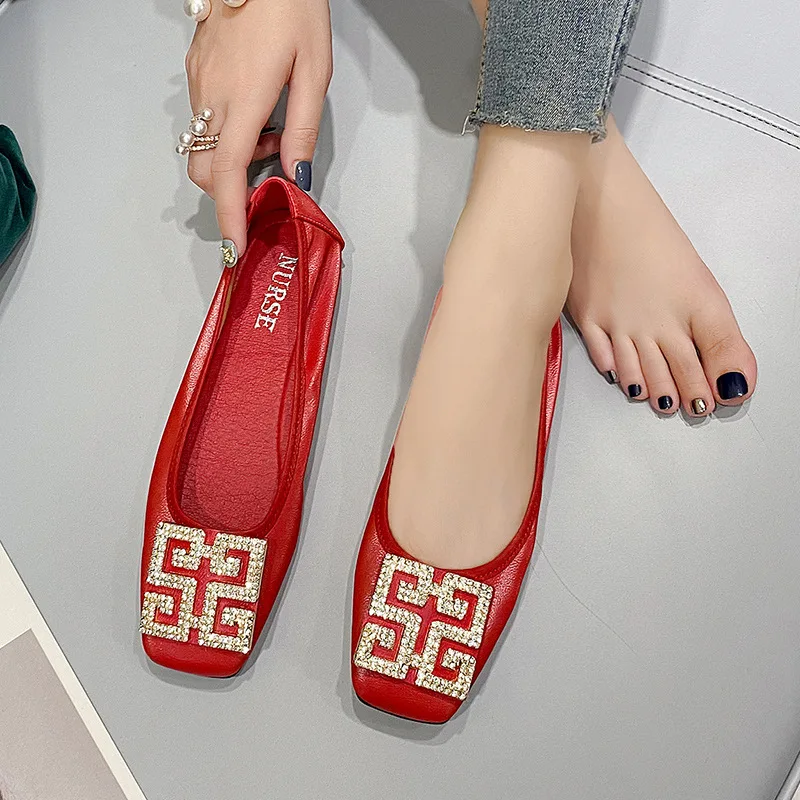 Women loafers rhinestones buckle flats ballet shoes women slip on shallow mouth moccasins elegant women's loafers party leather ballerina