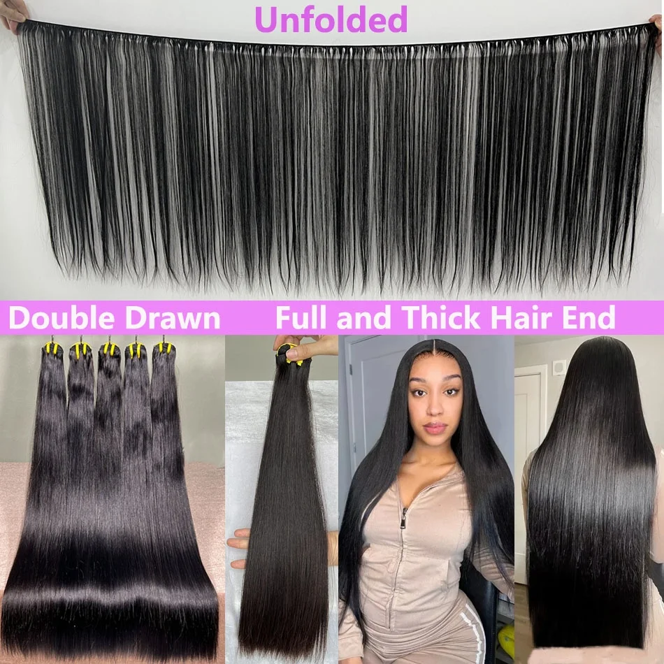 Super Double Drawn Bundles Bone Straight Human Hair Double Weft Unprocessed Raw Virgin Hair Weave Extensions #1B Natural Color 6