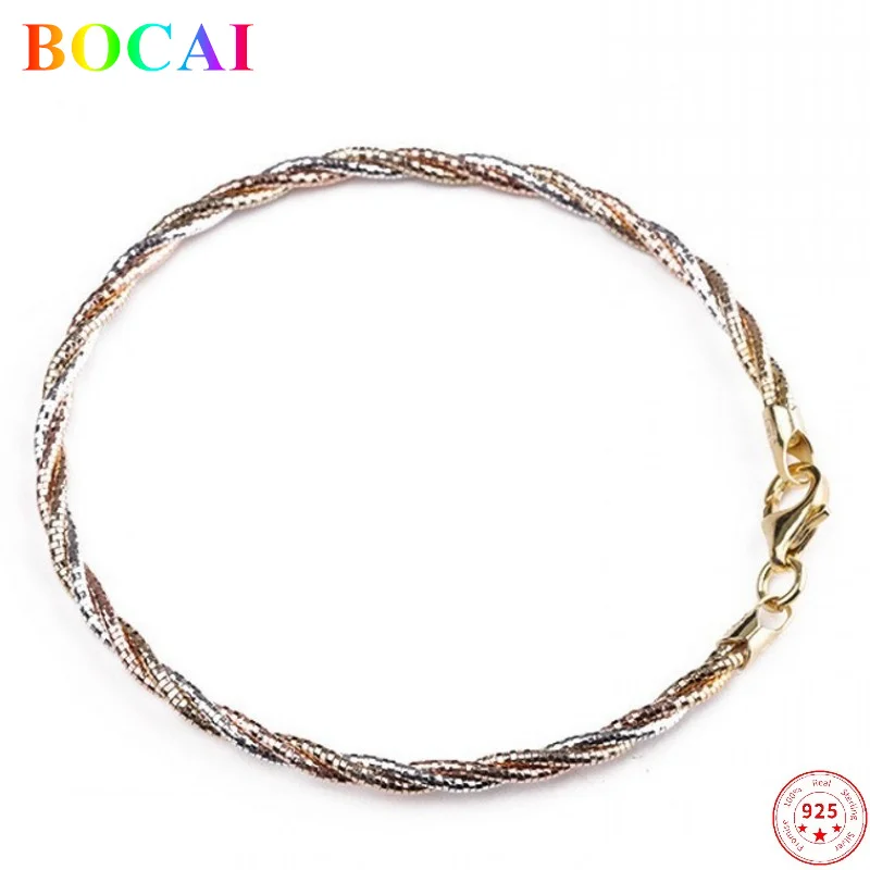 

BOCAI S925 Sterling Silver Bracelets 2022 New Fashion Color Gold Plating Woven-chain Argentum Hand String Jewelry for Women