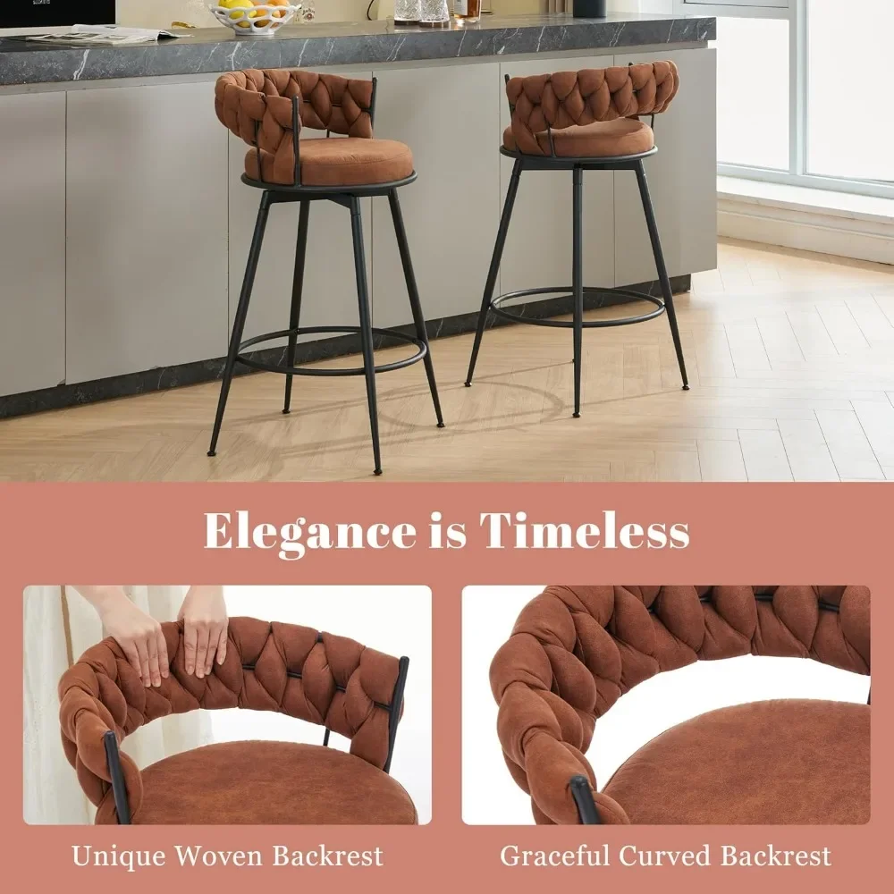 360&deg; Swivel Bar Stools, 28inch Counter Height Bar Stools Modern Barstools with Woven Back and Suede Fabric