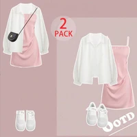 Plus Size Pendant Pleated Dress White Shirt Holiday Casual Two Piece Suit Teenage Style Graduation Season Sweetie - Image 5