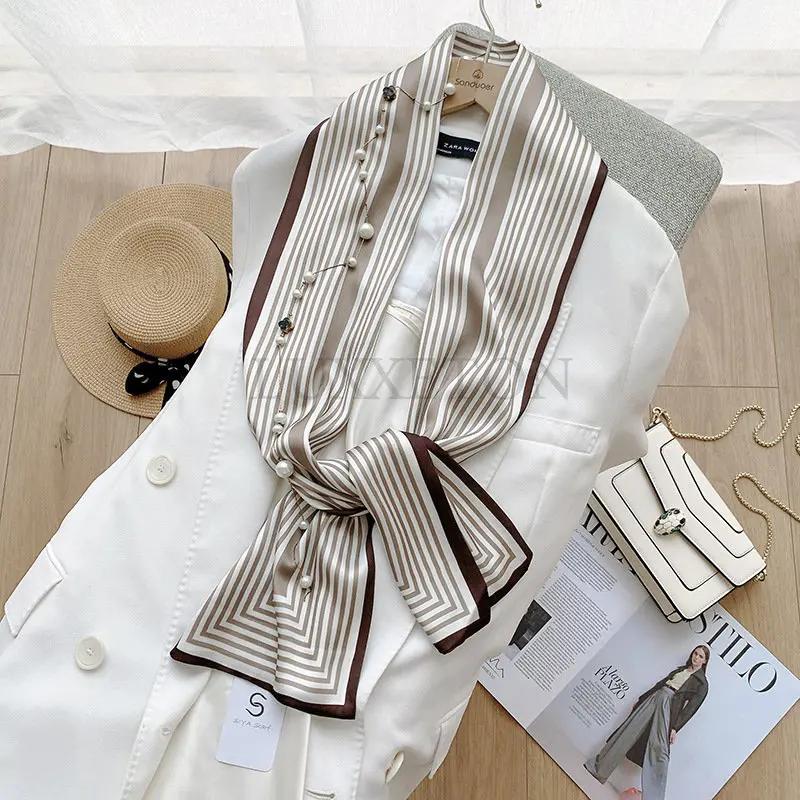 

Простой Двухсторонний Полосатый длинный шелковый шарф Gattara из искусственного шелка атласный двухслойный шарф французская элегантная повязка на голову в стиле ретро