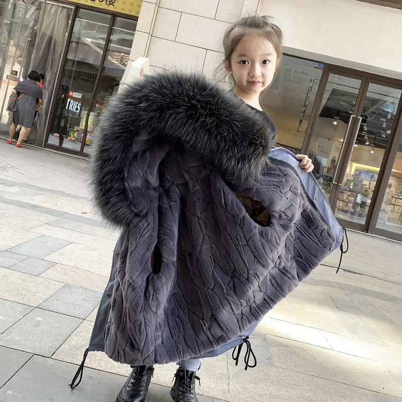 

2024 Winter Teenager Girls Long Down Jacket Drawstring Plus Velvet Parka Thick Loose Fur Collar Children Girls Snowsuit