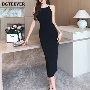 BGTEEVER Chic Fashion O-neck Ladies Bodycon Skinny Dress Spring Summer Female Split Package Hip Mid-Length Dress OL Vestidos