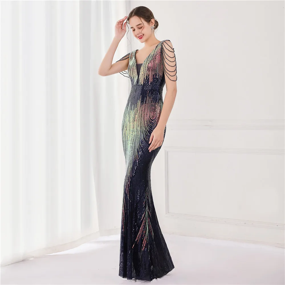 Women's V Neck Sequins Mermaid Gown Long Prom Evening  Party Dress