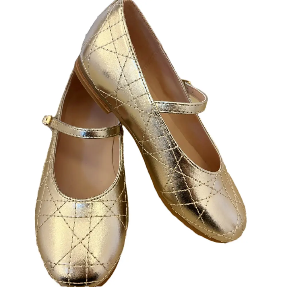 Children Gold Sheep Leather Flat Shoes for Girls
