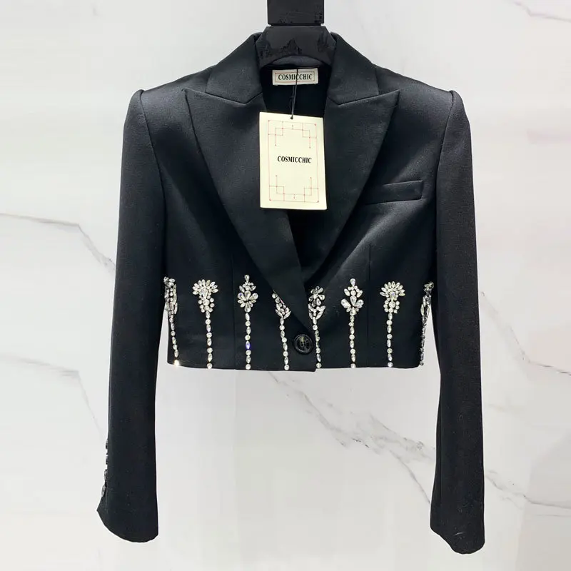 23Spring Summer New Vintage Black Short Jacket Fashion Singel Button Lapel Sparking Bead Loose Coat Women Long Sleev