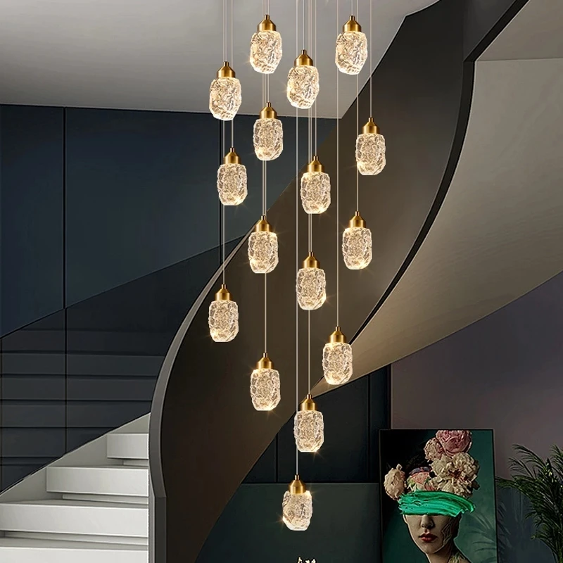 

Luxury Crystal Chandelier for Staircase Living Room Modern LED Pendant Lamp Creative Design Hallway Villa Gold Hanging Light