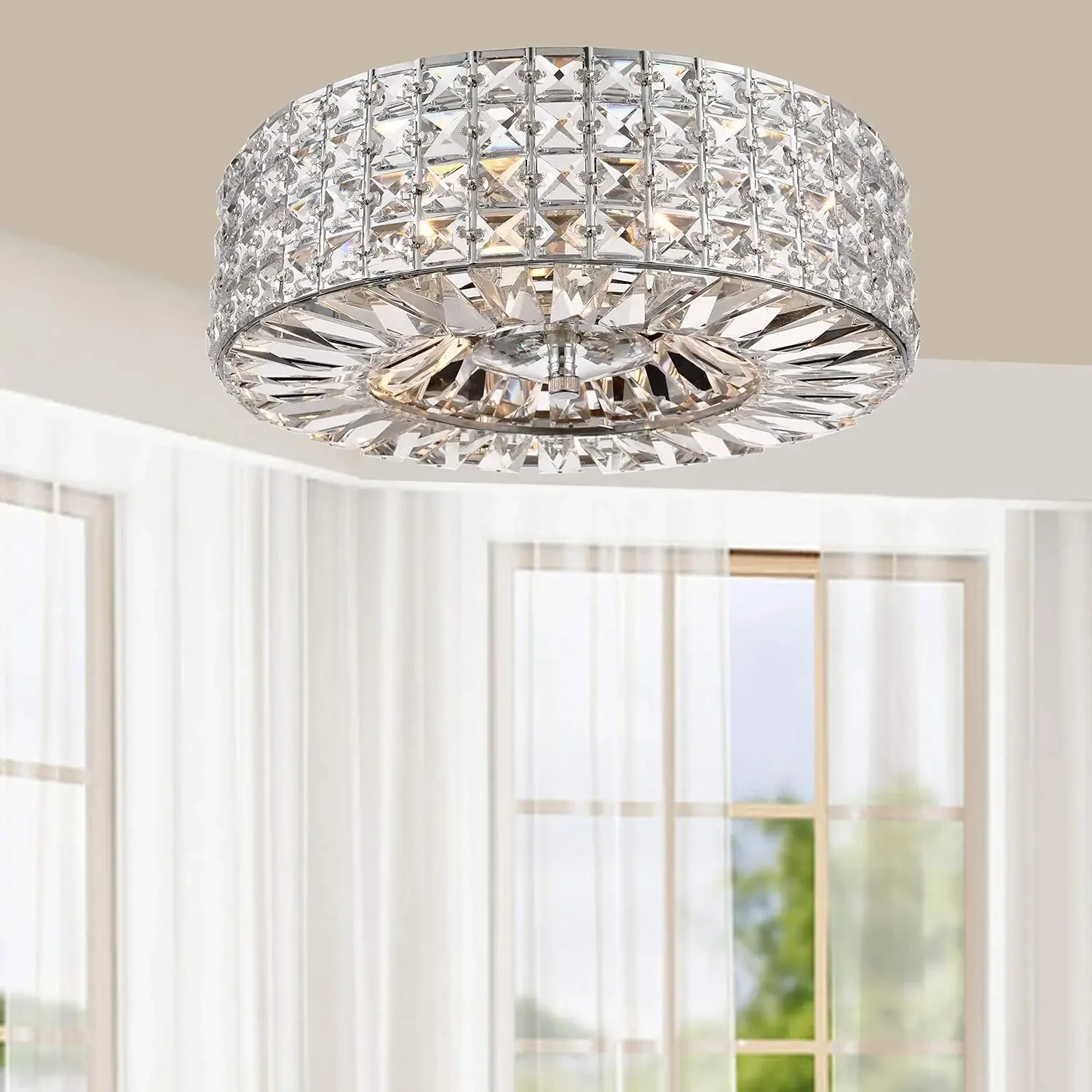 

Chrome Finish 3-Light Crystal and Prism Round Flush Mount - N/a Clear Modern Contemporary Iron