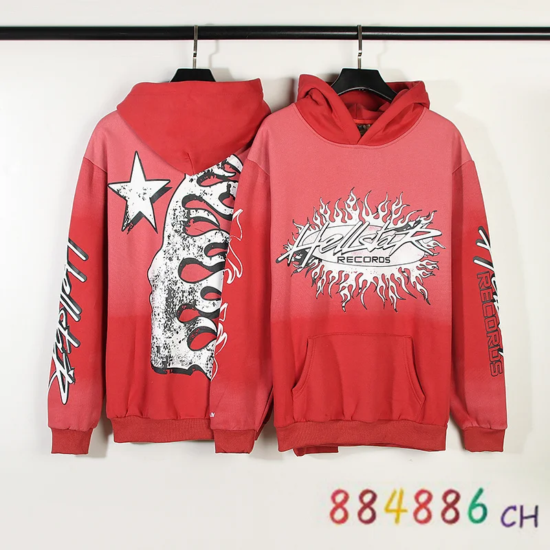 

Vintage Red Fleece Hellstar Style Hoodie Men Women High Street Mud Print Flame Hooded Sweatshirt Pullover