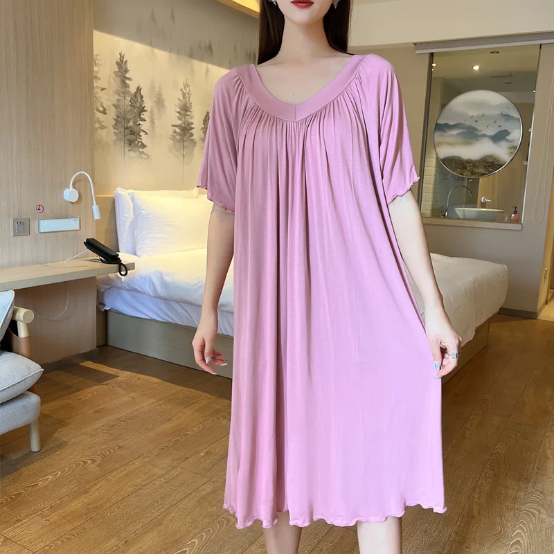 Modal Nightgowns Summer Women's Nightwear Nightdress Thin Skirt Short Sleeve Sleepwear Loose Plus Size Homewear Fold Night Dress