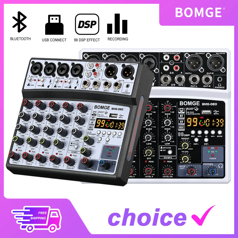 Professional 4 6 channels 99DSP Audio mixer BT Recording Mixing Console USB Interface Sound Card 48V PC MP3 DJ Recording audio mixer