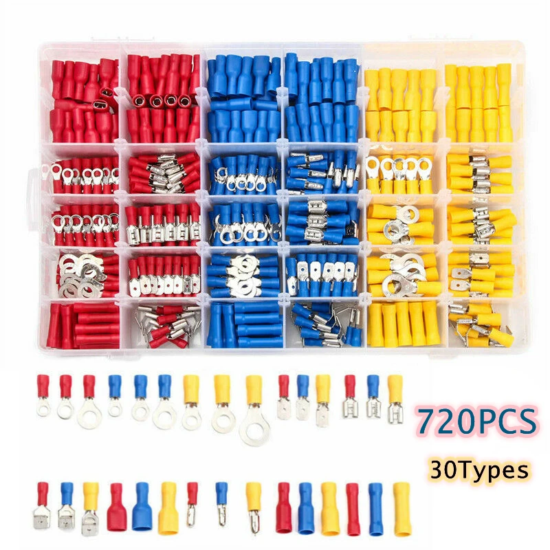 

720Pcs Insulated Cable Connector Electrical Wire Crimp Spade Butt Ring Fork Ring Lugs Rolled Terminals