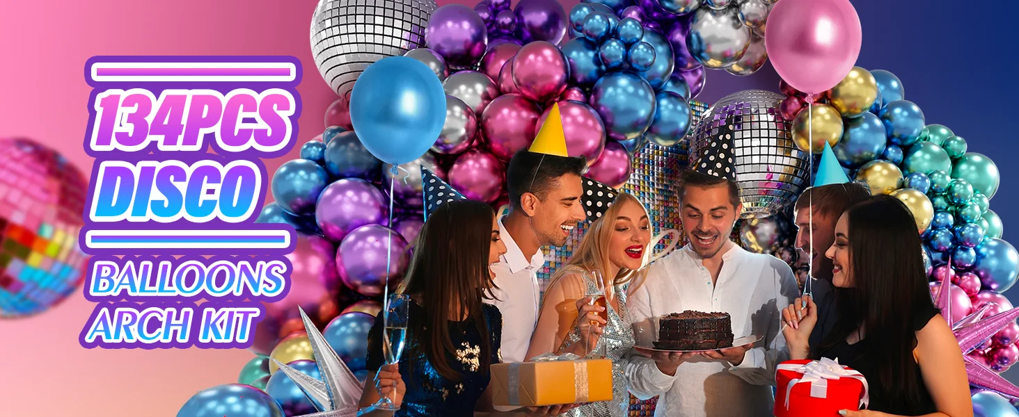 134 Stück Disco Party Luftballons Bogen Kit Discokugel Silber Blau Pink Gold Starburst Luftballons für Geburtstag 70er 80er 90er Jahre Dekoration – Detail 1