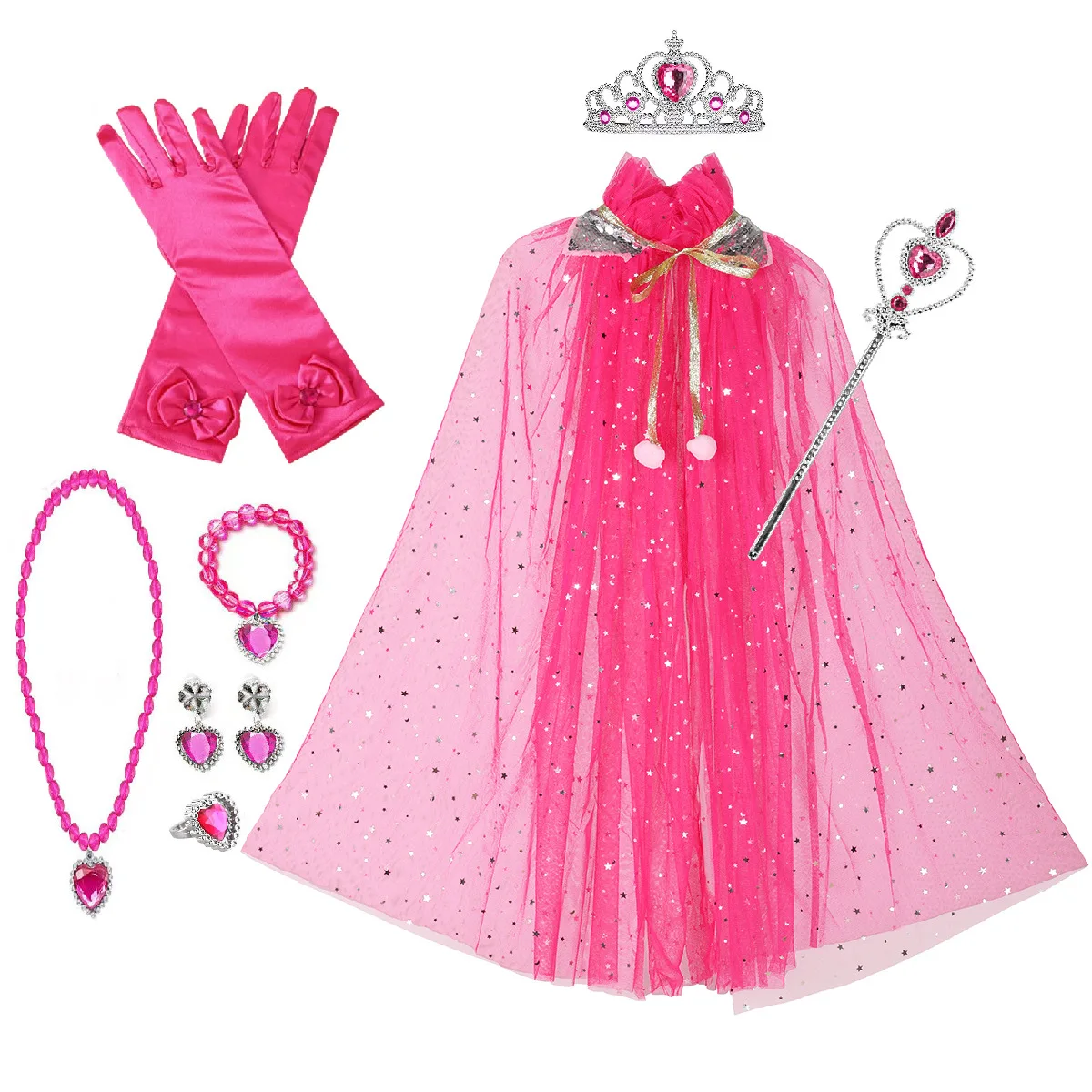 Girl Princess Accessory 7pcs Cloak+Gloves+Necklace Set Sequins Cape Baby Girl Birthday Party Aurora Belle Cosplay School Show