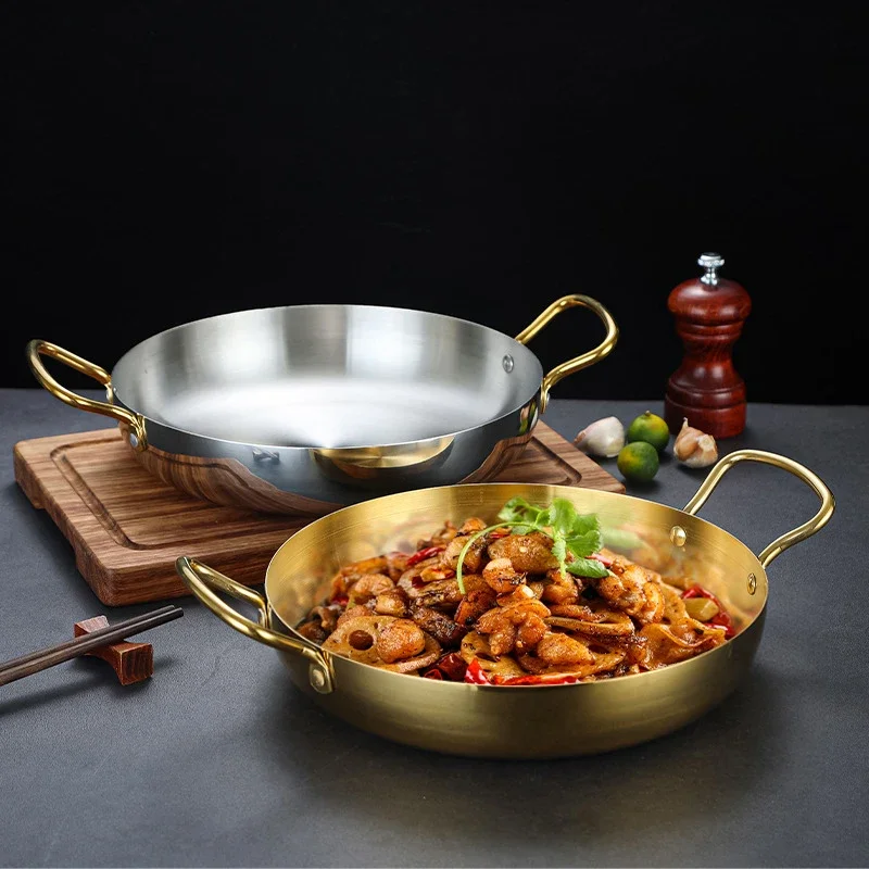 Spanish Seafood Rice Pot Double ear golden frying pan Pasta dish Round steak plate panelas olla Stainless steel dry pot utensils