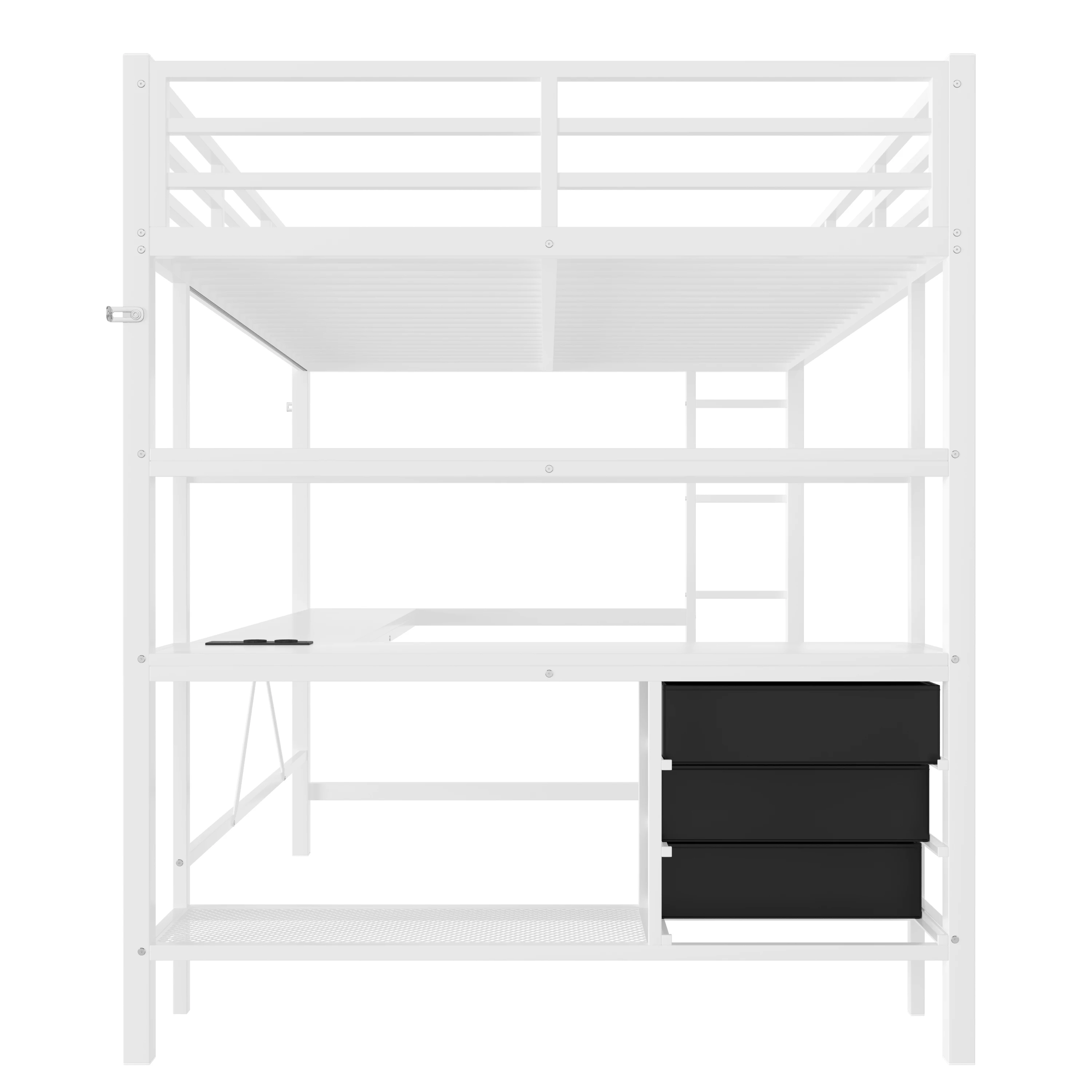 Hochbett mit LED-Beleuchtung, Schreibtisch, Steckdose + USB-Anschluss, 3 Schubladen, Regalen, Geländer, Treppe, ohne Matratze, weiß – Detail 15