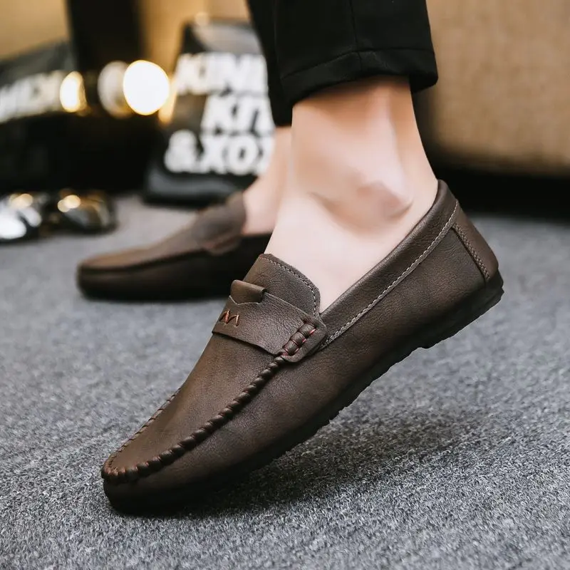 

39-44 Mens Pu Leather Shoes Spring Autumn Flat-soled Slip-on Loafers Platform Casual Wear-resisting Light Male Footwear H40
