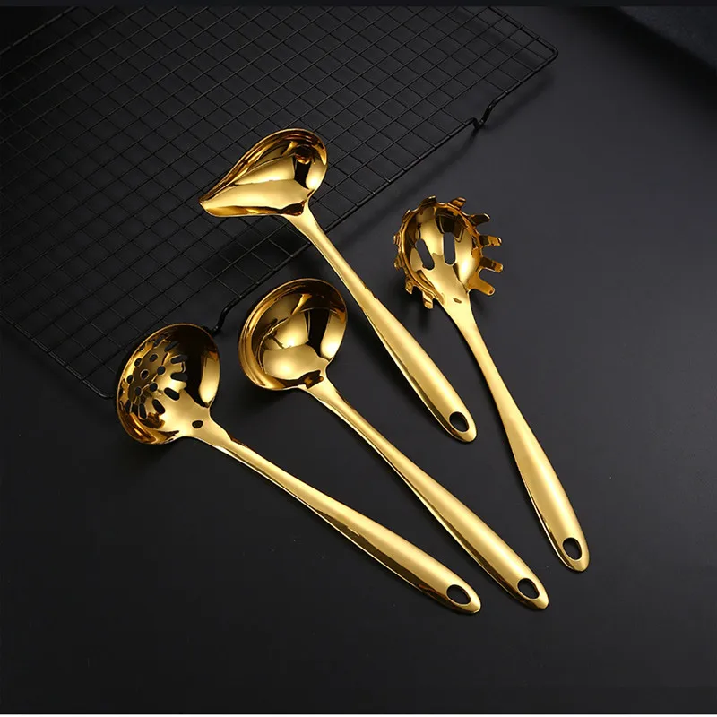 Gold Stainless Steel Kitchen Cooking Utensils Sets Frying Spatula Soup Spoon Long Handle Gadget Kitchen Accessories