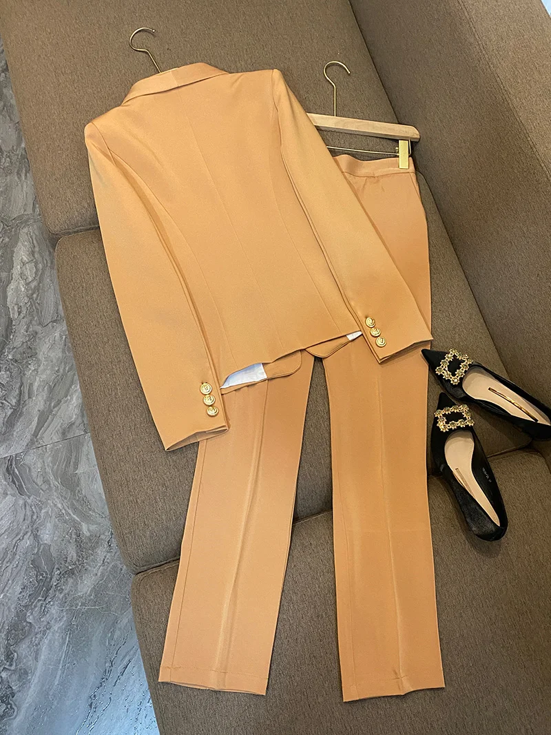 Women Elegant Fashion juicy Suit Noted Metal Button Jacket Coat Top And Pant Two Piece Set Matching Outfit 2023 New Prom Clothes