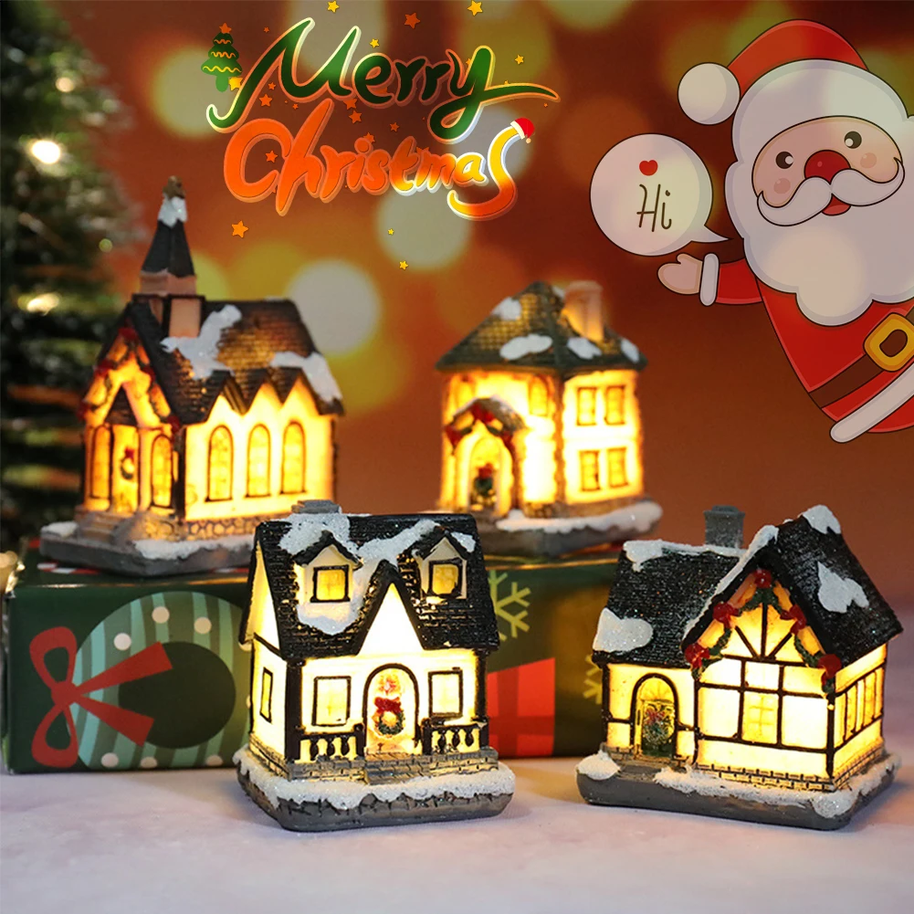 Christmas LED Light Ornaments Resin Mini House Miniature Village Building Xmas Glow Decor Gift Christmas Decoration Navidad Noel