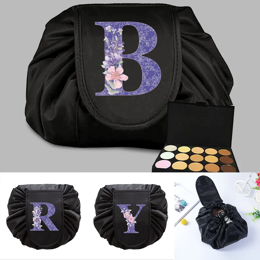 Purple Flower Letter Print Lazy Drawstring Cosmetic Storage Bag Folding Makeup Portable Travel Wash Bag Organizer Toiletry Pouch garden terrace camping equipment furniture ultralight air sofa bed lunch break beach portable inflatable lazy folding sofa bed